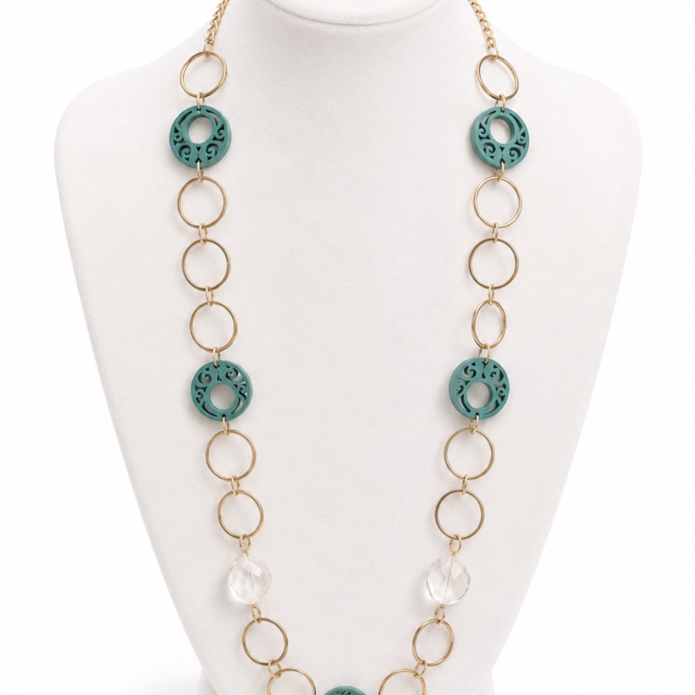 Gold-Chain Teal Pendant Long Necklace